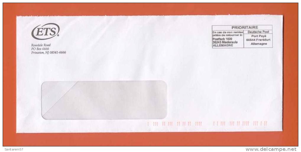 Timbre Stamp Selo Enveloppe Envelope à Fenêtre ETS Princeton, NJ 08541-6666 EMA FRANKFURT ALLEMAGNE - Storia Postale