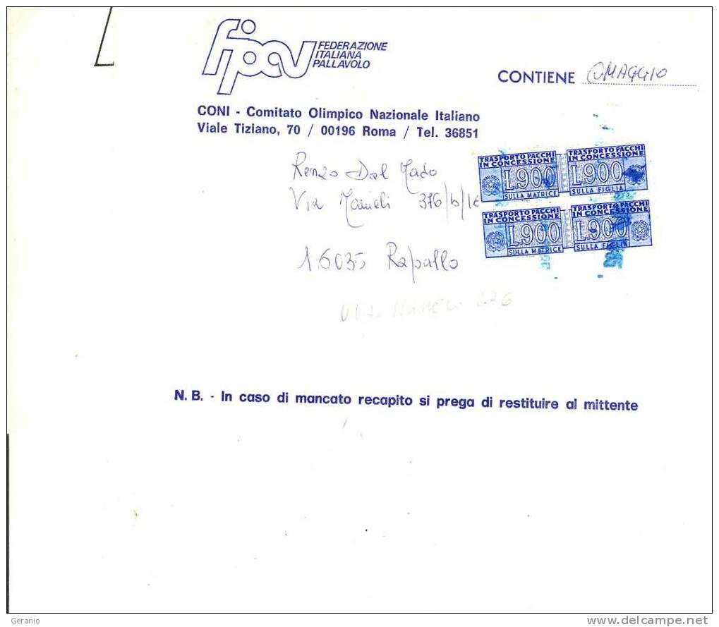 STORIA POSTALE PACCHI IN CONCESSIONE L 900  GEMELLI SU BUSTA PER RAPALLO - Pacchi In Concessione