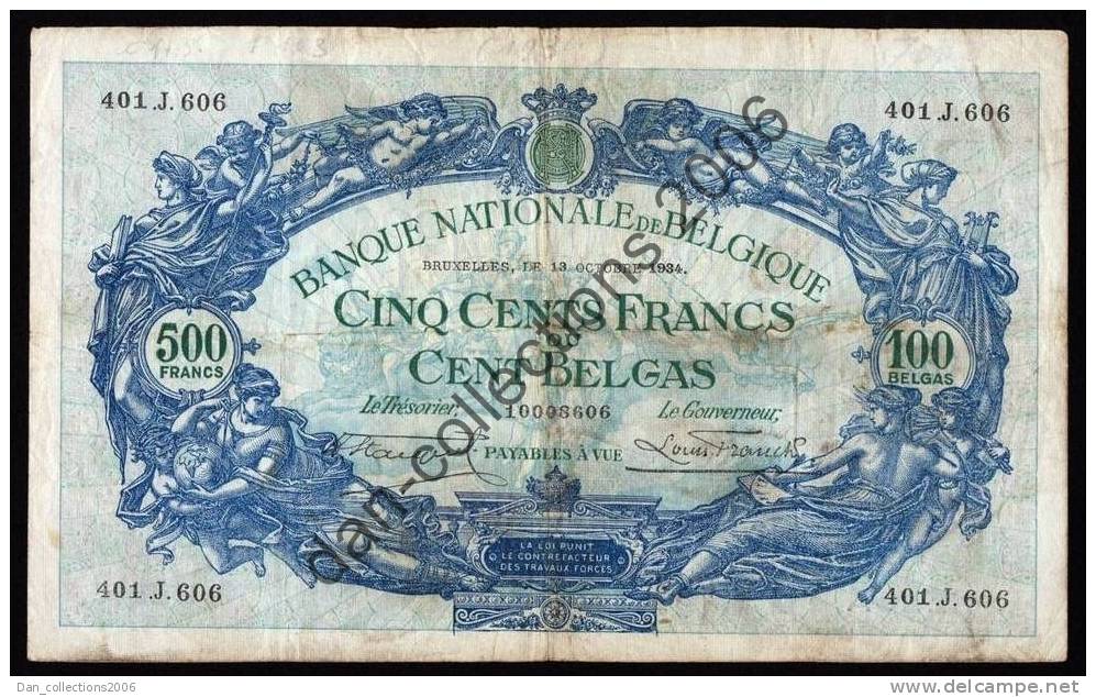 LOT B.F.M. *BELGIQUE_ BILLET_500 FRANCS OU CENT BELGAS_13 OCTOBRE 1934_TYPE _1887* - 500 Francos-100 Belgas