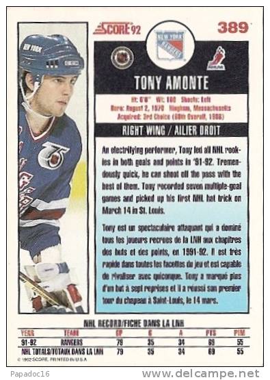 Carte / Card / Karte Hockey - Tony Amonte - Right Wing / Ailier Droit - New York Rangers (Score 92 N° 389) - 1990-1999