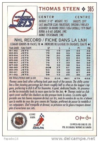 Carte / Card / Karte Hockey - Tony Steen - Center / Centre - Winnipeg Jets (1992 - O-Pee-Chee N° 385) - 1990-1999