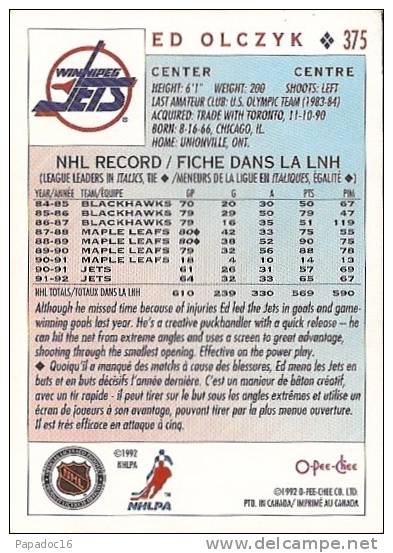 Carte / Card / Karte Hockey - Ed Olczyk - Center / Centre - Winnipeg Jets (1992 - O-Pee-Chee N° 375) - 1990-1999