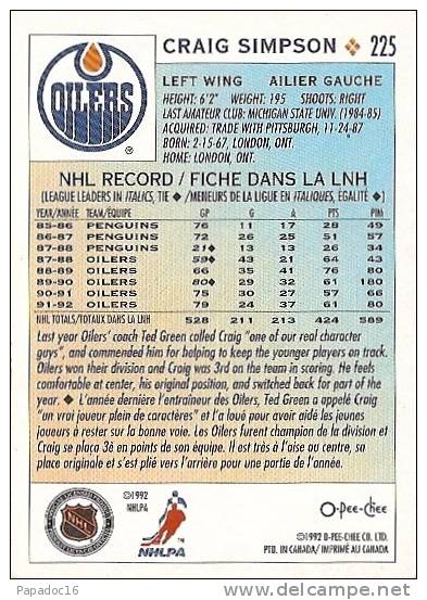 Carte / Card / Karte Hockey - Craig Simpson - Left Wing / Ailier Gauche - Oilers (1992 - O-Pee-Chee N° 225) - 1990-1999