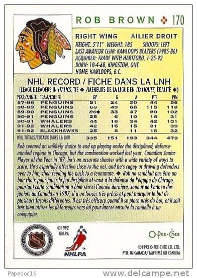 Carte / Card / Karte Hockey - Rob Brown - Right Wing / Ailier Gauche - Blackhawks (1992 - O-Pee-Chee N° 170) - 1990-1999