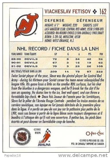 Carte / Card / Karte Hockey - Viacheslav Fetisov - Defense / Défenseur - Devils (1992 - O-Pee-Chee N° 162) - 1990-1999