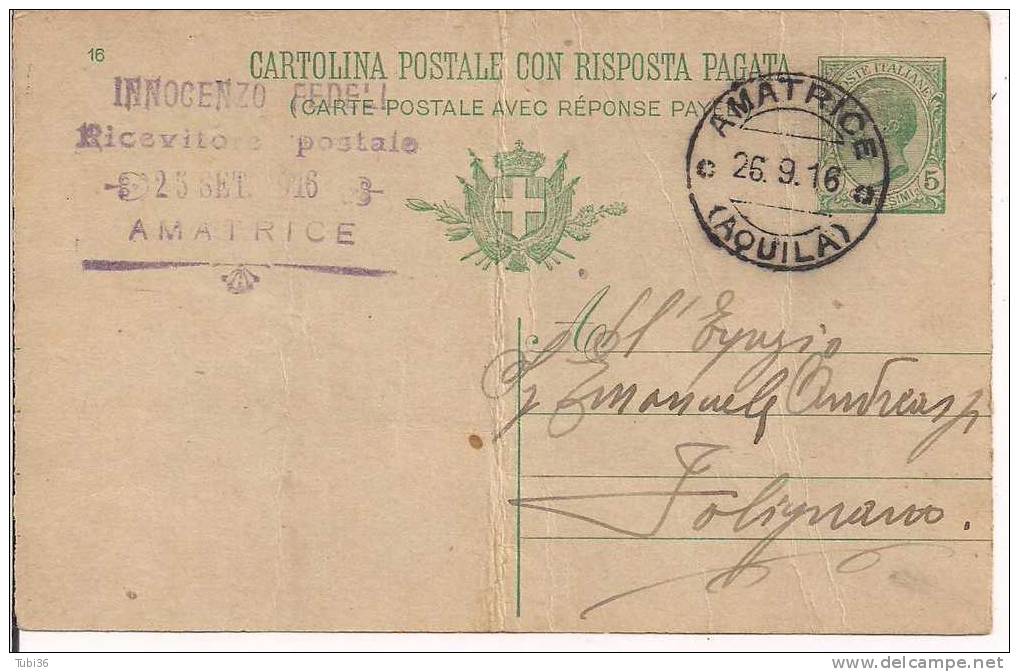 STORIA  POSTALE - RICEVITORE  POSTALE - TIMBRO DEL RICEVITORE POSTALE DI AMATRICE /AQUILA - SU CARTOLINA VIAGGIATA 1916 - Marcophilie