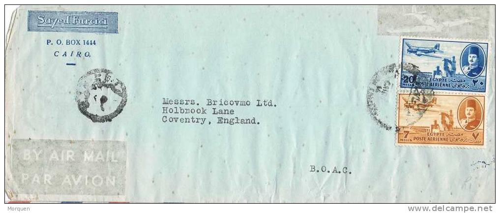 Carta Aerea CAIRO (Egipto) A Inglaterra 1947. Egypt Censor - Cartas & Documentos