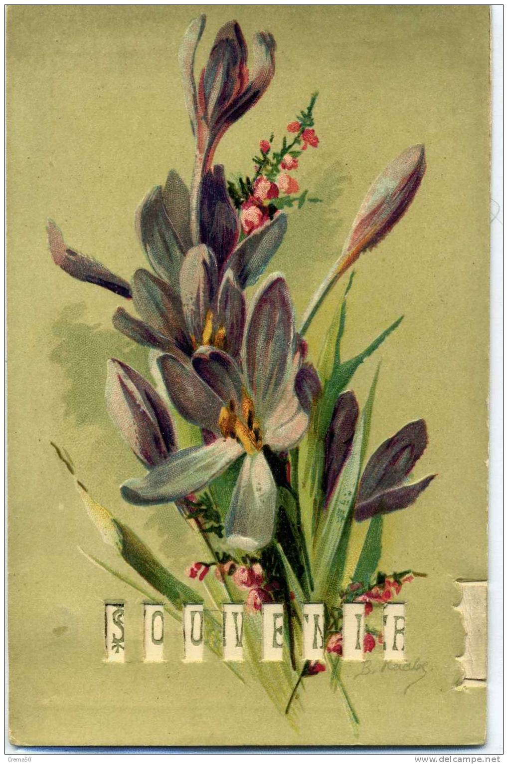 CARTE à Tirette - BOUQUET DE CROCUS - SOUVENIR D´AMITIE - Signée B R........, Précurseur - A Systèmes