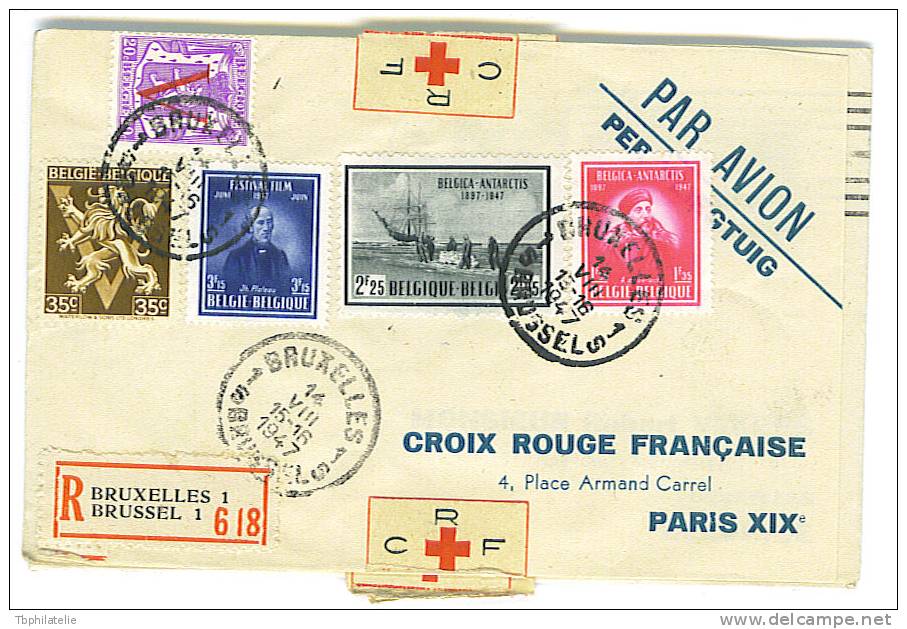 BELLE LETTRE CRF A 5 PANS,ENVOYEE DE FRANCE AUX USA-EN BELGIQUE-A PARIS, 1946-47,RECOMMANDE+CACHETS - Croix Rouge
