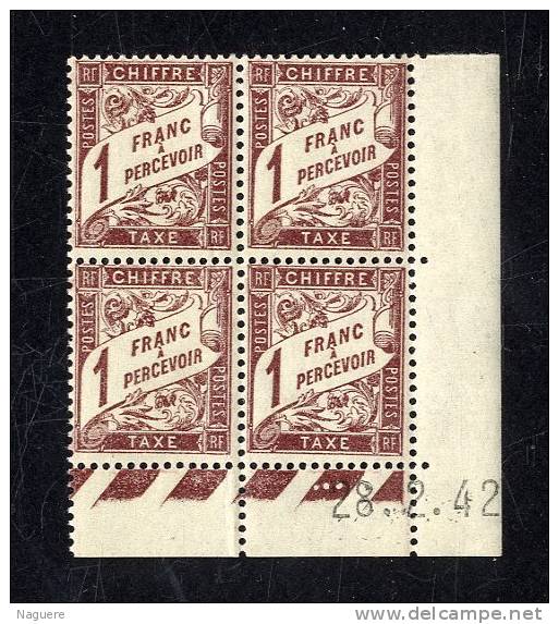 TAXE TYPE CHIFFRE  FRANCE  1 F  -  Y & T N° 40 A  -  COINS DATES   28 2 42   -  SANS TRACE DE CHARNIERE - 1950-1959