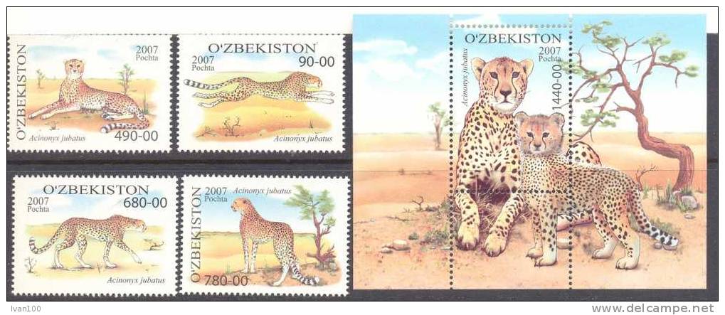 2007. Uzbekistan, Gepards, 4v + S/s, Mint/** - Uzbekistan