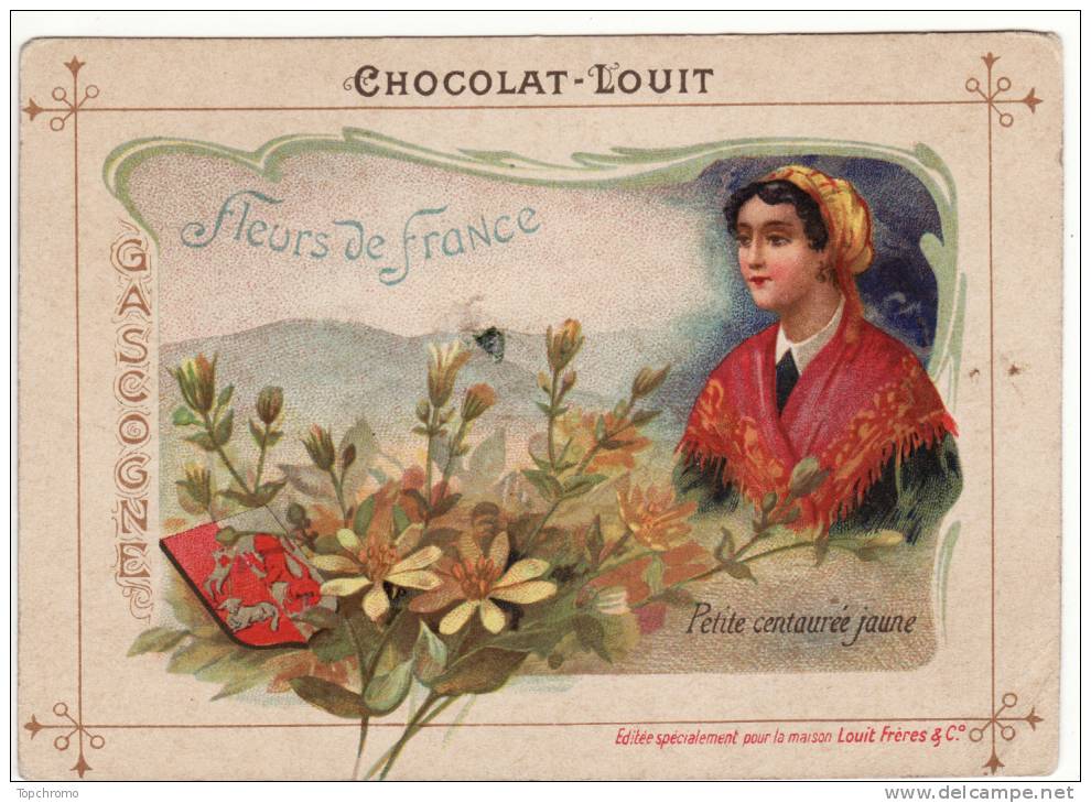 CHROMO Chocolat Louit Fleurs De France Petite Centaurée Jaune Gascogne Blason Fille Habits Traditionnels - Louit