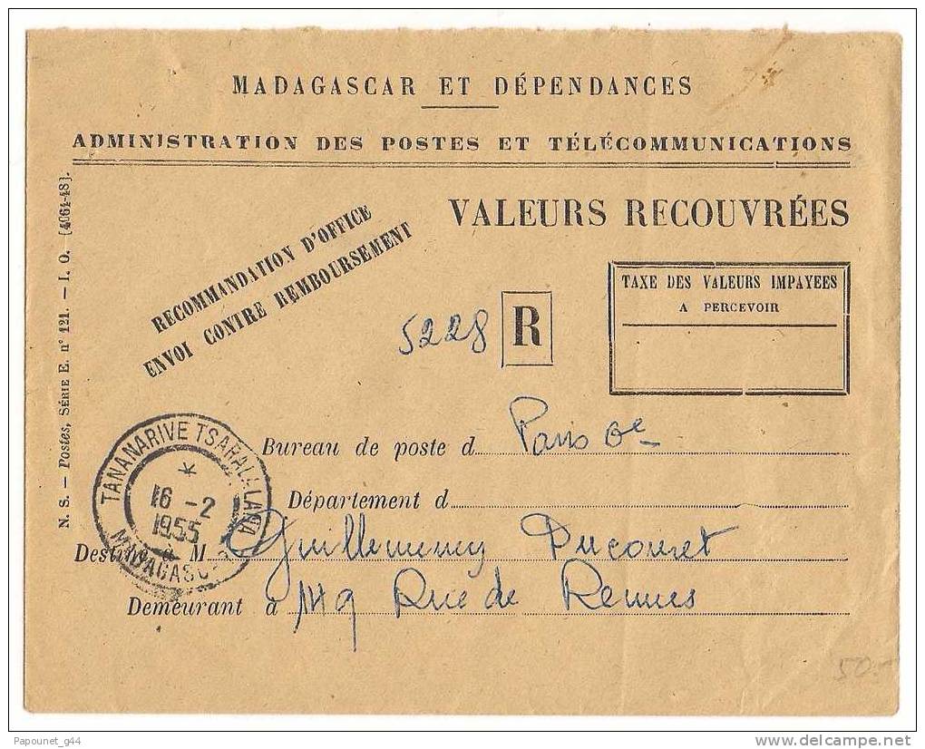 Lettre Madagascar Et Dépendances Recommandé ( Valeur Recouvrées Des Postes Et Télécommunications 1955) - Cartas & Documentos