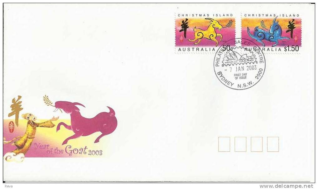 CHRISTMAS ISLAND FDC CHINESE ZODIAC YEAR OF GOAT SET OF 2 STAMPS DATED 07-01-2003 SYDNEY CTO SG? READ DESCRIPTION !! - Christmas Island