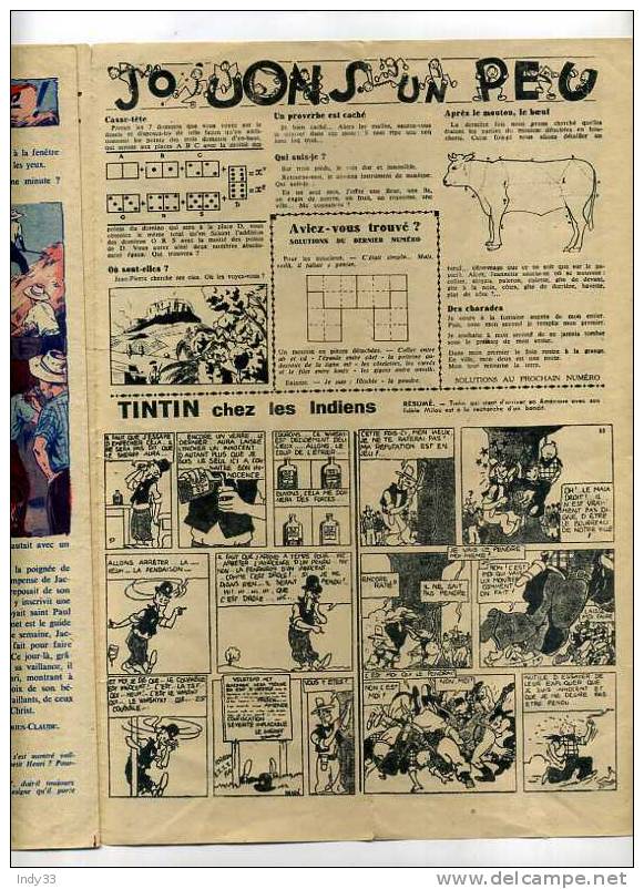 - COEURS VAILLANTS  N°33  AOUT 1943 AVEC TINTIN CHEZ LES INDIENS  EN FEUILLETON - Tintin
