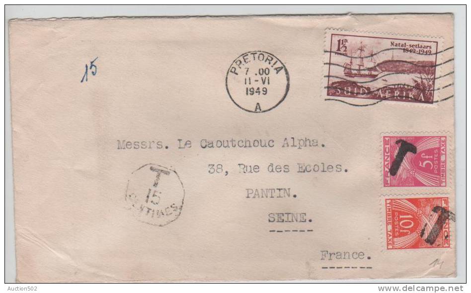 TTx 5&10 F Par Surcharge  Sur Lettre En Provenance D'Afrique Du Sud 1949  Taxée 15 Centimes Au Départ 293 - 1859-1959 Lettres & Documents