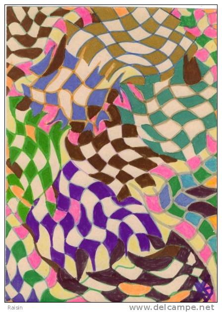 Oeuvre Originale Pastels Feutres Sur Papier Cartonné  Format 21  X 29cm N°95 " Nappage" - Pastels