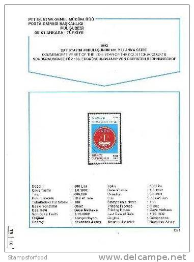 TURCHIA, 1992, Foglio Illustrativo 130 Anni Di Corte Suprema, 500 L, - Andere & Zonder Classificatie