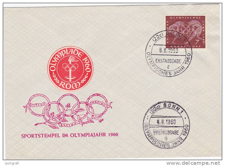 Germany (Bundesr.) - 1960 - FDC Special Cancell. - Olympic Year, Games In Rome - Bonn, 8-9-60 - Summer 1960: Rome