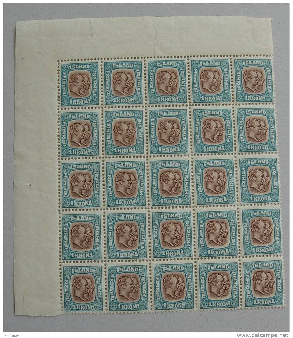 ICELAND, 1 KORONA 1907, BLOCK OF 25 PERFECT NEVER HINGED **! - Unused Stamps
