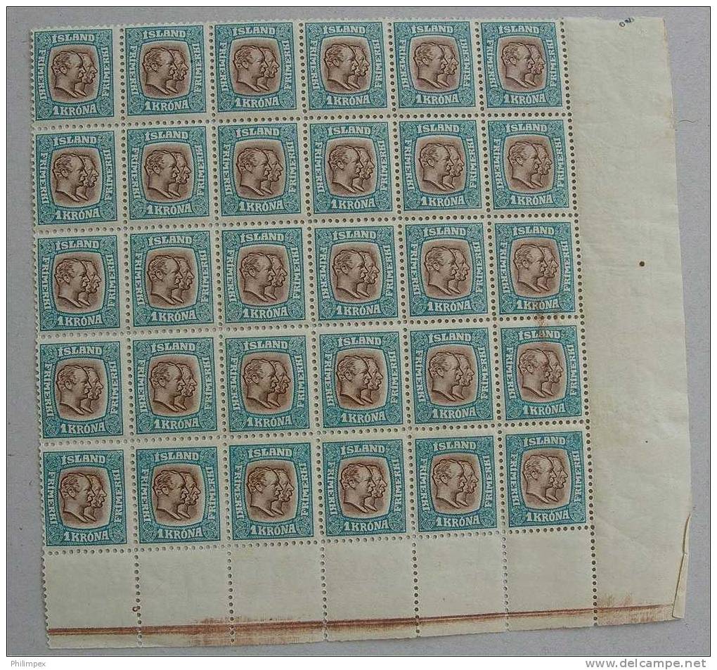 ICELAND, 1 KORONA 1907, BLOCK OF 30 PERFECT NEVER HINGED - Neufs