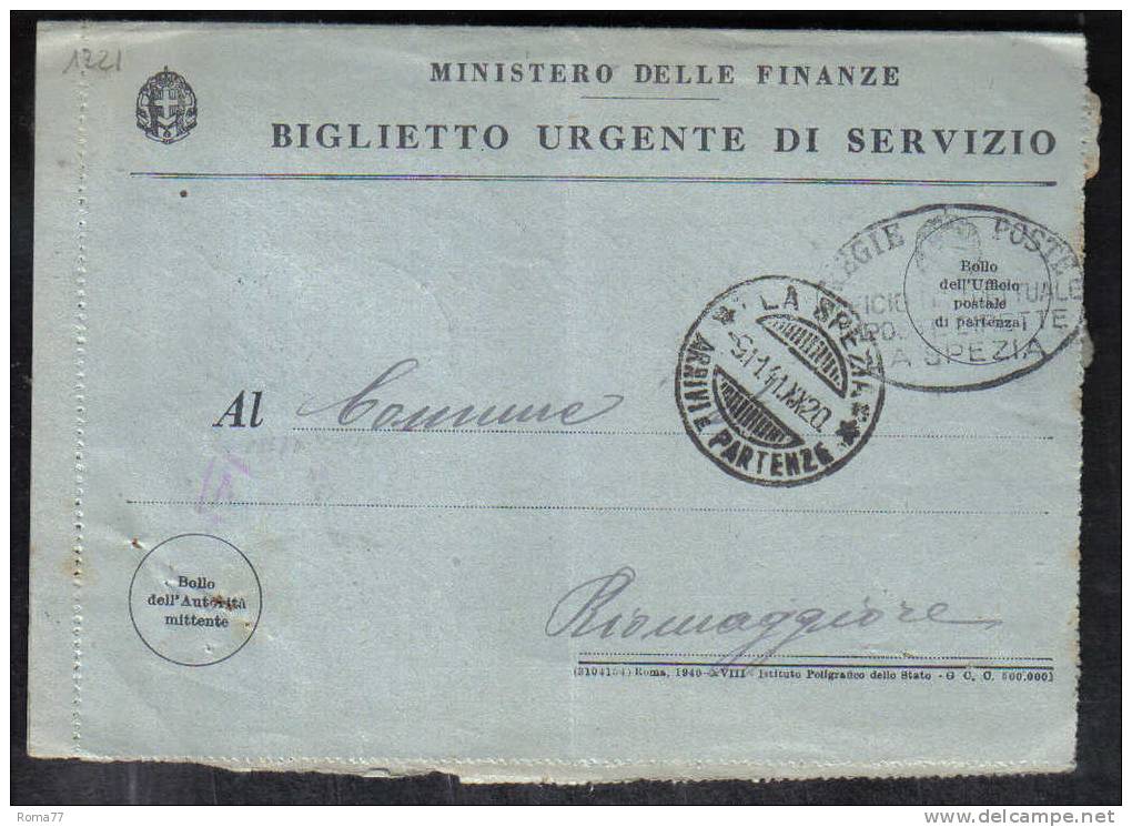 VER1221 - BIGLIETTO URGENTE DI SERVIZIO Bollo 5/11/1941 - Franchise