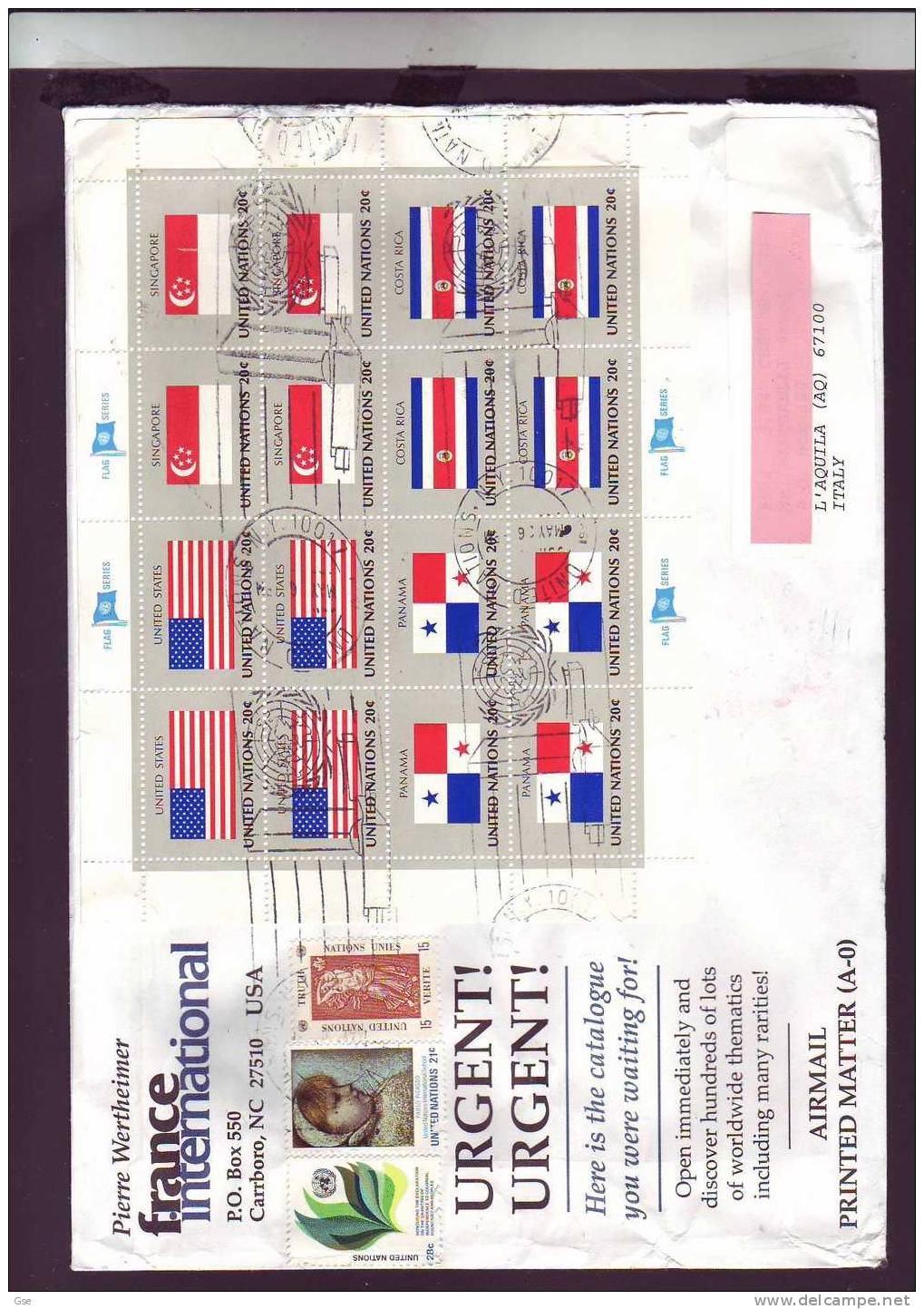 NAZIONI  UNITE NY  1999 - Lettera Per L' Italia - Bandiere - Lettres & Documents