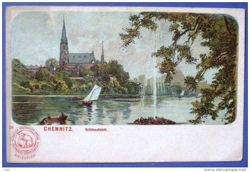 Chemnitz,Schlossteich,1900,Künstlerkarte,Hofmann´s Stärkefabriken,Salzufen - Chemnitz