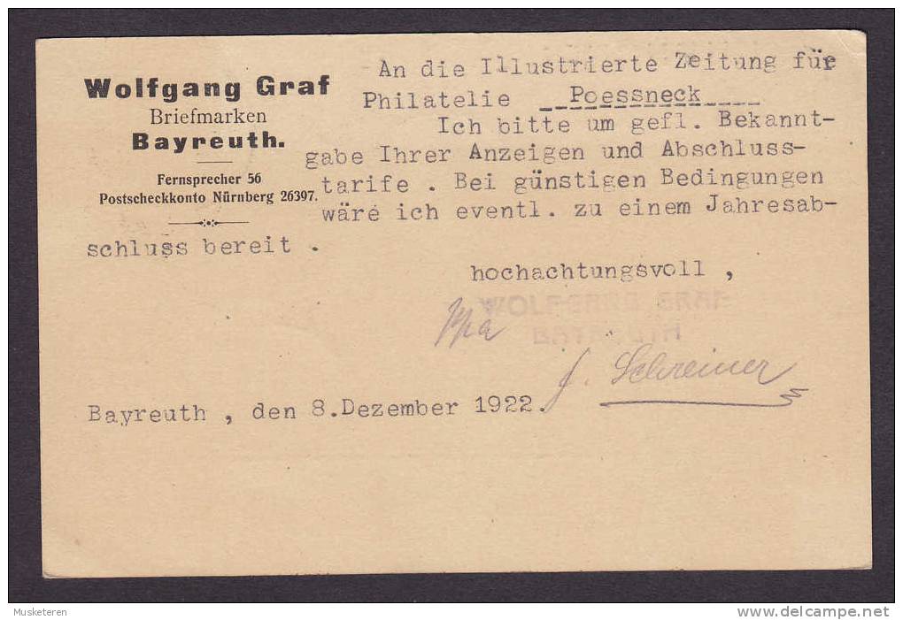 Bayern Uprated Postal Stationery Ganzsache Entier PRIVATE Print WOLFGANG GRAF Briefmarken BAYREUTH 1922 To Poessneck - Postal  Stationery