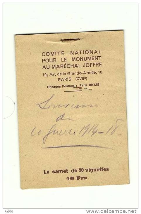 COMITE NATIONAL « MAL JOFFRE » Carnet 20 Vignettes 5 Couleurs ( 5x4 - Manque 1 Vi. Rge) - Gelegenheidsboekjes