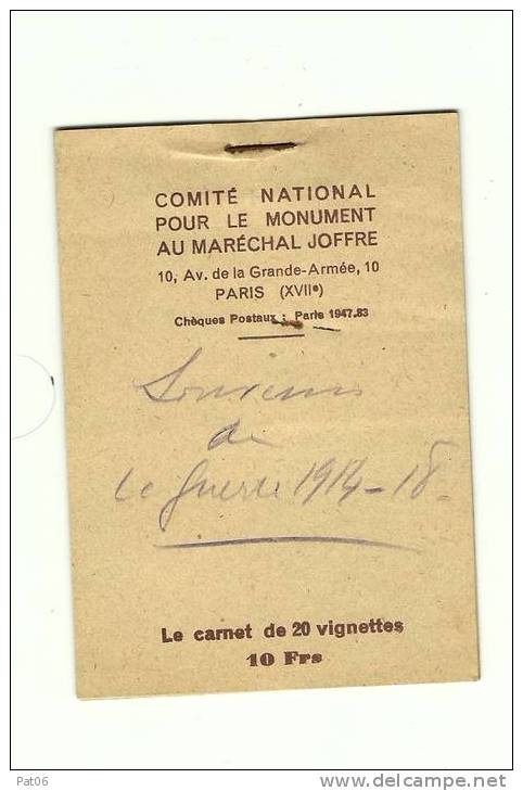 COMITE NATIONAL « MAL JOFFRE » Carnet 20 Vignettes 5 Couleurs ( 5x4 - Manque 1 Vi. Rge) - Conmemorativos
