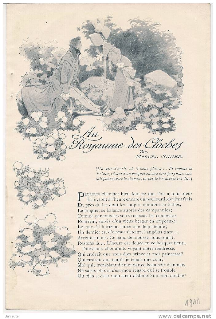 Feuillet Poesie D'Amour De 1911 " Au Royaume Des CLOCHES " Par Marcel SILVER . - Auteurs Français