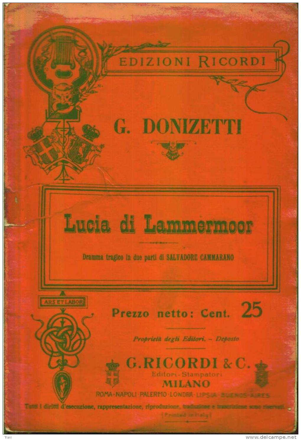 LUCIA DI LAMMERMOOR - Libretto D´opera - Primi Del '900 - Musica