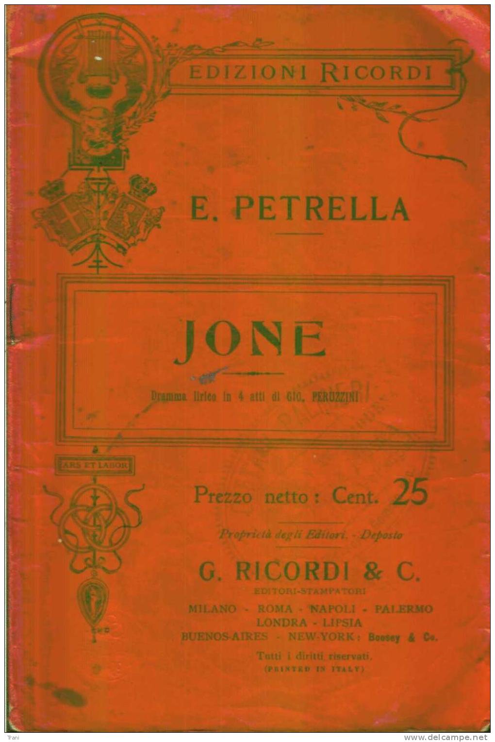 JONE - Libretto D´opera - Fine '800 - Musica