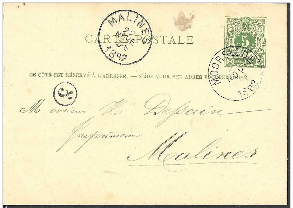 E0869 - Belgique - Entier De Moorslede à Malines - 1882 - Briefkaarten 1871-1909