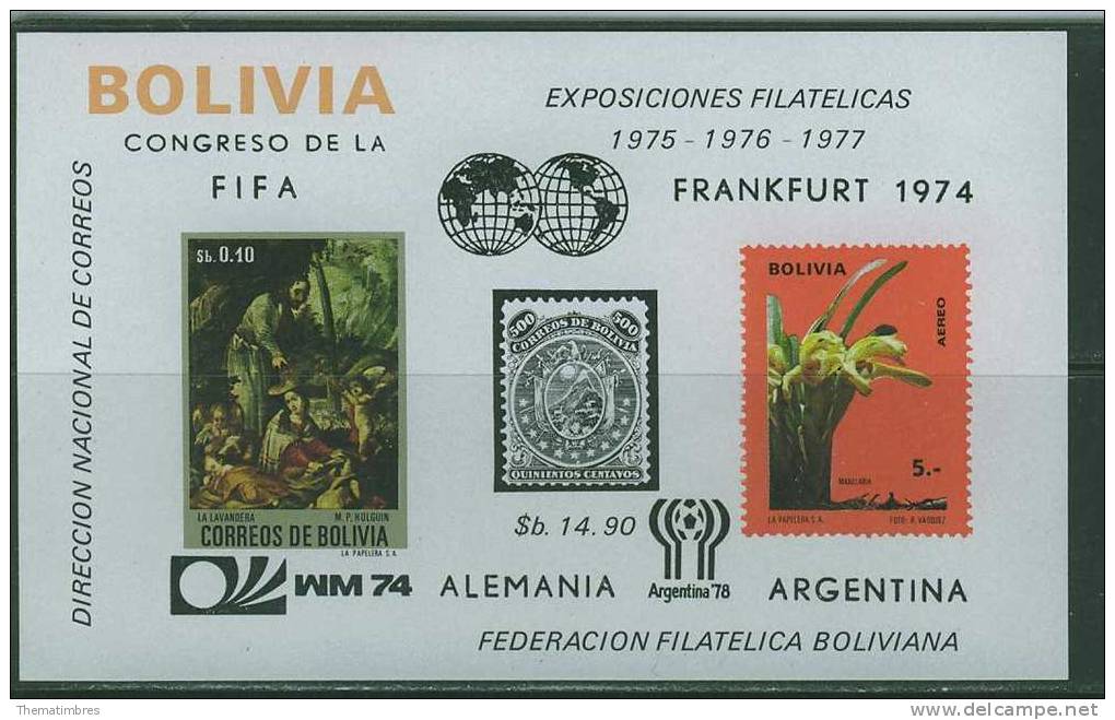 B678N0069 Football Orchidées Religion Bloc 44 Bolivie 1974 Neuf ** Coupe Du Monde D Allemagne - 1974 – Germania Ovest