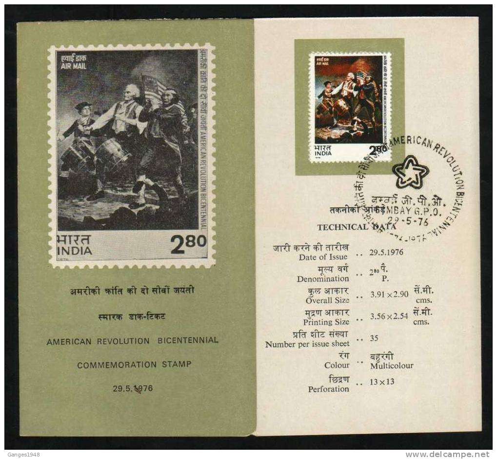 1976 AMERICAN REVOLUTION BICENTENNIAL  STAMPED  FOLDER  # 12441 India - Onafhankelijkheid USA