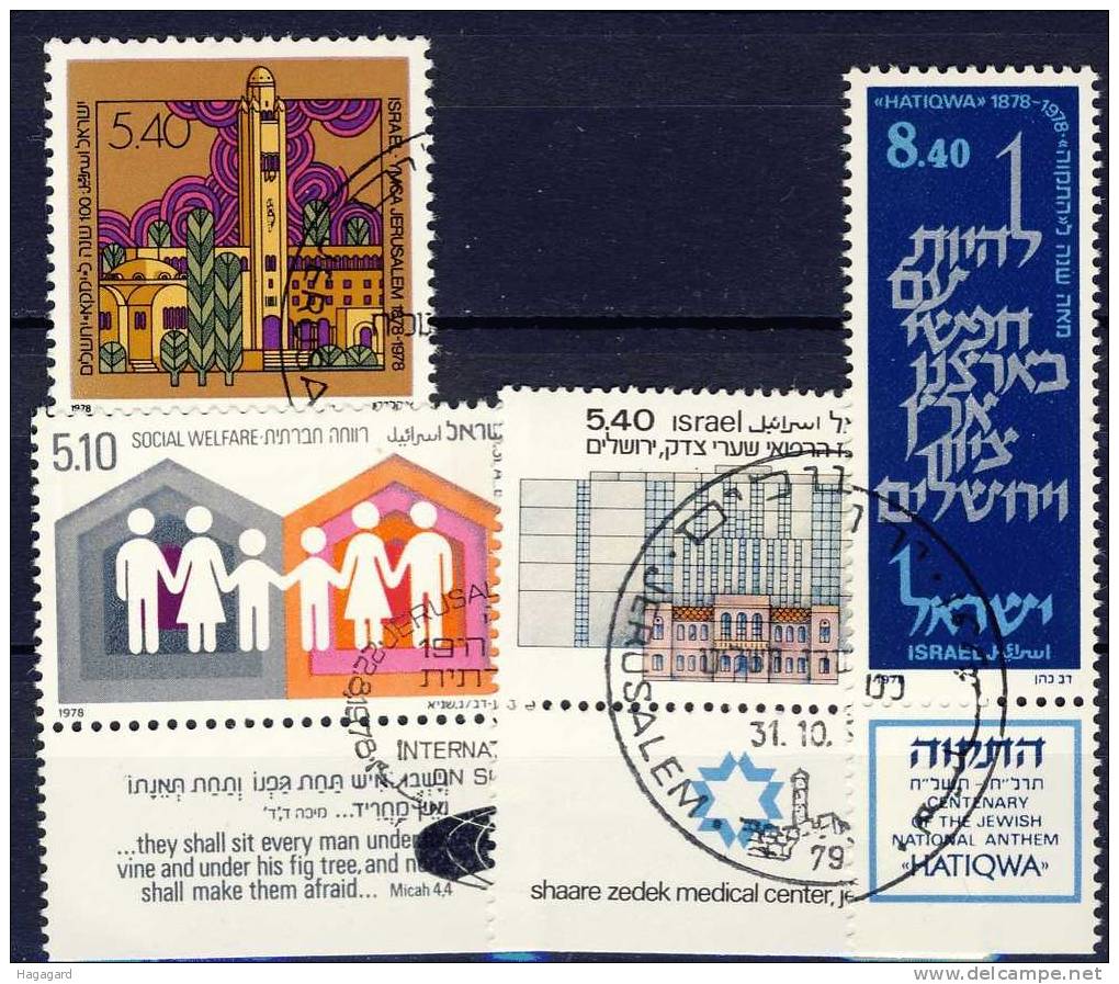 +Israel 1978.  4 Different.  Cancelled(o) - Used Stamps (with Tabs)