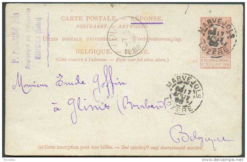 EP Carte Réponse N°26 (10c. Fine Barbe) Obl. Dc Française De MARVEJOLS Le 17 Août 1898 Vers Glimes (Incourt).  TB  - 668 - Cartes Postales 1871-1909