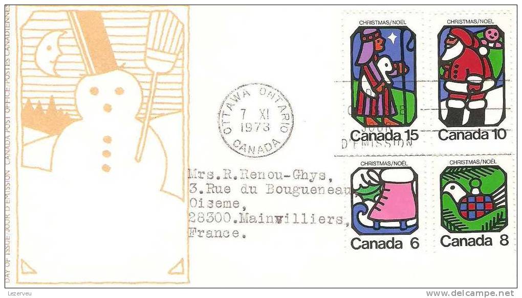 FDC 1° JOUR CANADA CHRISTMAS NOEL 1973 OTTAWA ONTARIO 4 TIMBRES - 1971-1980