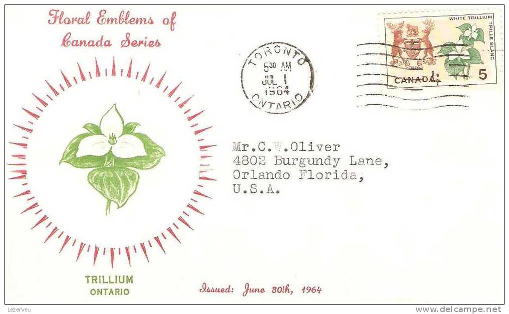 FDC 1° JOUR CANADA EMBLEMES ONTARIO TRILLIUM WHITE TRILLE BLANC TORONTO RECTO SEUL - 1971-1980