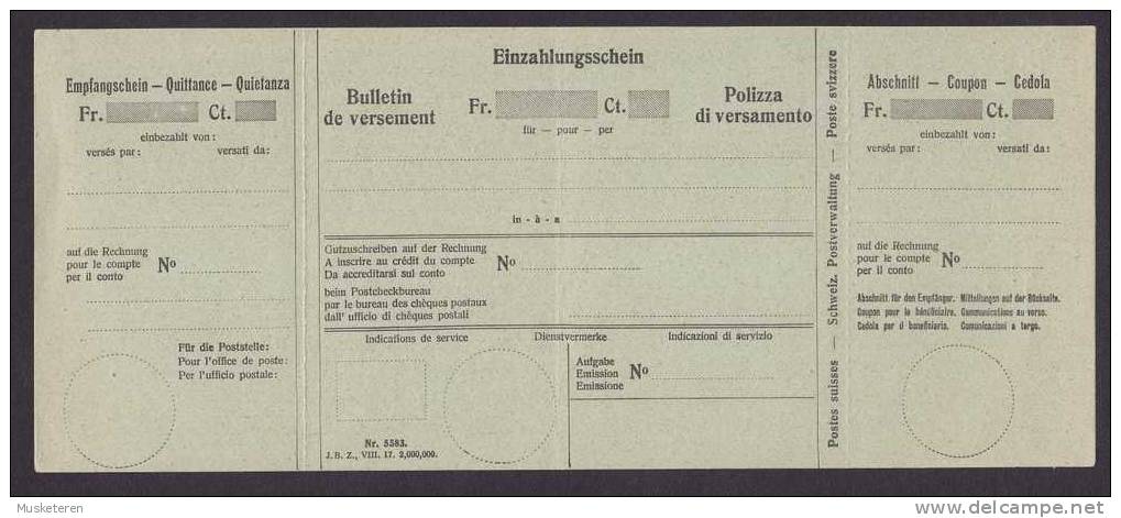 Switzerland Einzahlungsschein Bulletin De Versement Polizza Di Versamento Nr. 5583 (I) Unused - Vrijstelling Van Portkosten