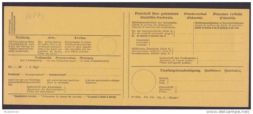 Switzerland Militär-Postanweisung Mandat De Poste Militaire Vaglia Postale Militare (III.) Unused (2 Scans) - Documenti