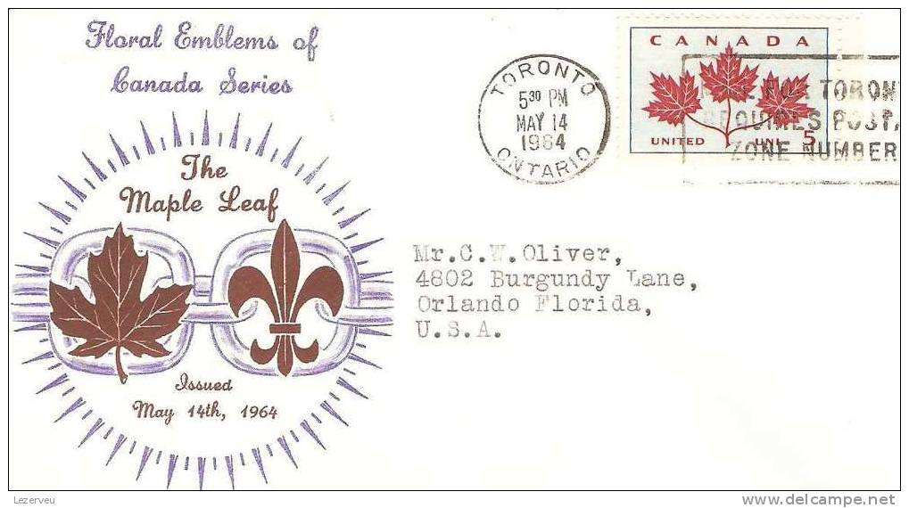 FDC 1° JOUR CANADA EMBLEMES MAPLE LEAF FEUILLE ERABLE (RECTO SEUL) TORONTO - 1971-1980