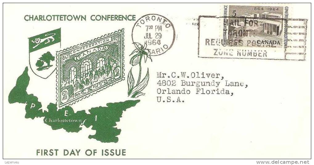 FDC 1° JOUR CANADA CONFEDERATION CONFERENCE DE CHARLOTTETOWN (RECTO SEUL) - 1961-1970