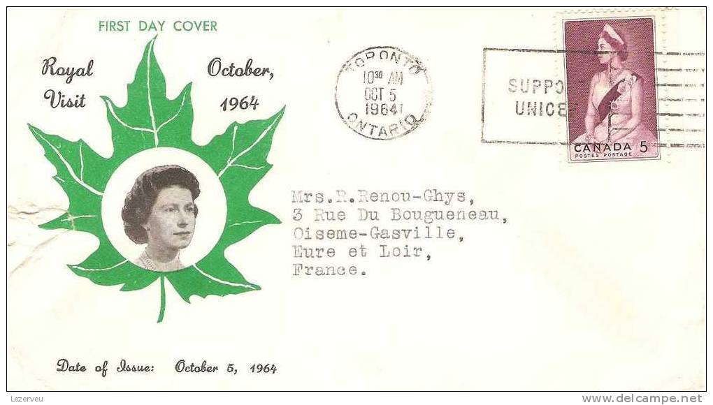 FDC 1° JOUR CANADA ROYAL VISIT VISITE DE LA REINE 05/10/1964 (DECHIRURE A GAUCHE) - 1961-1970