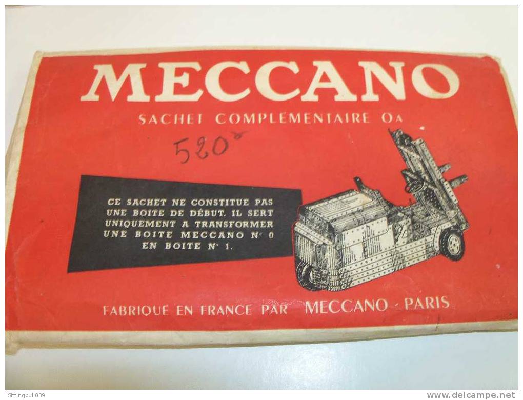 MECCANO. Sachet Complémentaire 0 A Avec Diverses Pièces + Catal. Sert à Transformer Une Boîte MECCANO N° 0 En Boîte N°1 - Meccano