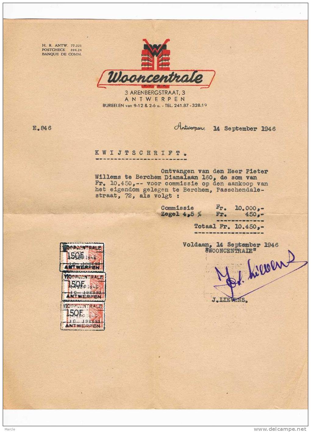 Kwijtschrift 1946 Wooncentrale Antwerpen - Autres & Non Classés