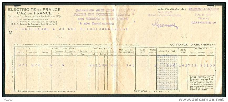 Juin 1954 : Quittance Electricité Et Gaz De France, Crosne (Essonne), Publicité Chauffe-Eau Avec Dessins Au Verso... - Elektriciteit En Gas