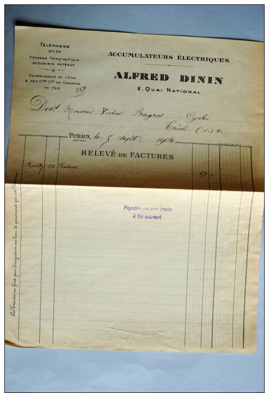 2 FACTURE COMMERCIALE + TRAIT ACCUMULATEURS ELECTRIQUES ALFRED DININ 1904 - Elettricità & Gas